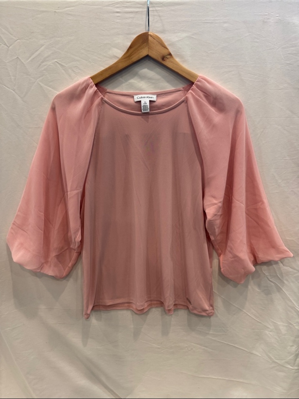 Calvin Klein Dusty Pink Sheer Blouson-Sleeve Blouse